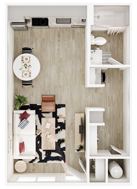 A small, neatly organized kitchen with a dining table and chairs.